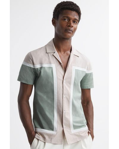 Reiss Noble - Sage Multi Mercerised Colourblock Cuban Collar Shirt, Xs - Multicolor