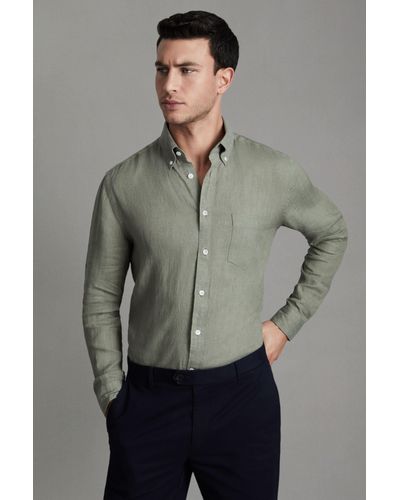 Reiss Queens - Pistachio Linen Button-down Collar Shirt, Xxl - Gray