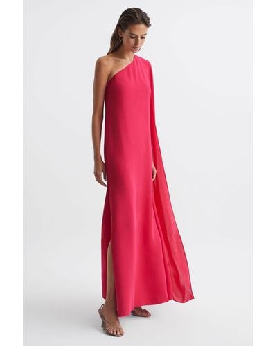 Reiss Nina - Bright Pink Cape One Shoulder Maxi Dress, Us 12 - Red