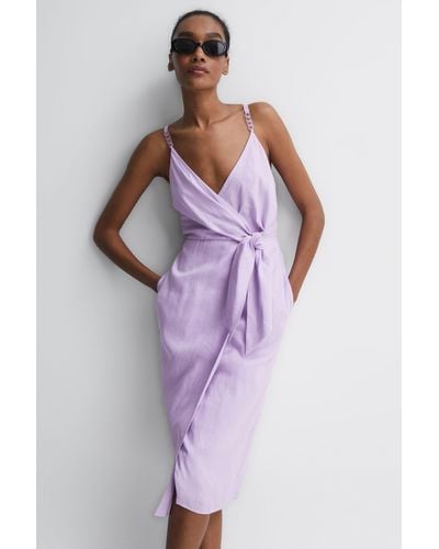Reiss Esme - Lilac Linen Side Tie Midi Dress, Us 12 - Purple