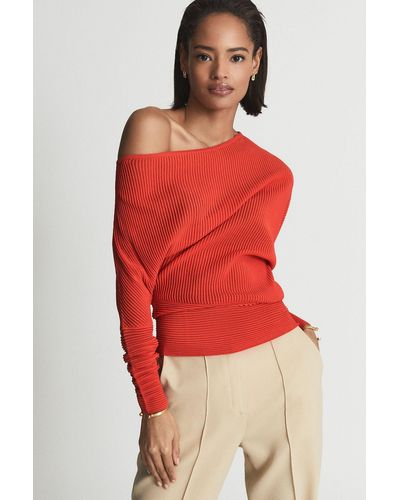 Reiss Angie - Orange Angie Sheer Stripe Asymmetric Sweater - Red