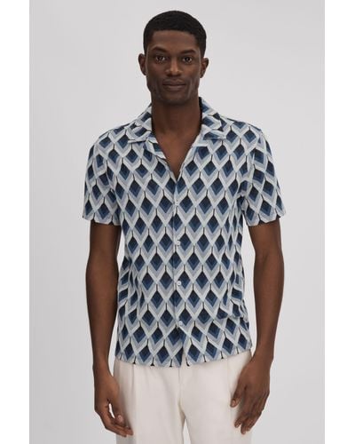 Reiss Beech - Navy Multi Cotton Blend Jacquard Cuban Collar Shirt, Xxl - Blue