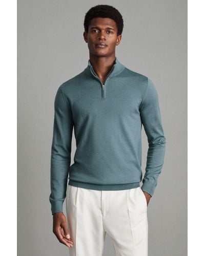 Reiss Blackhall - Ocean Green Merino Wool Half-zip Funnel Neck Sweater, L - Blue