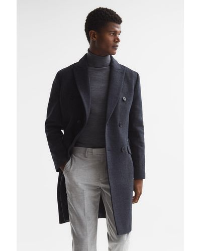 Reiss Reflection - Airforce Blue Melange Double Breasted Long Wool Overcoat, M