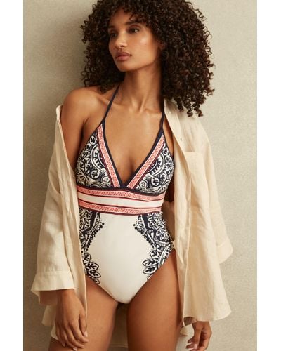 Reiss Monica - Navy/red Printed Tie Back Swimsuit, Us 10 - White