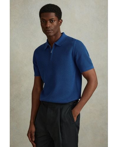 Reiss Burnham - Bright Blue Cotton Blend Textured Half Zip Polo Shirt, L