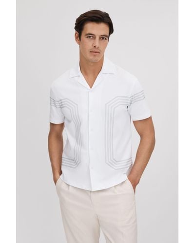 Reiss Arlington - White/sage Mercerised Cotton Embroidered Shirt