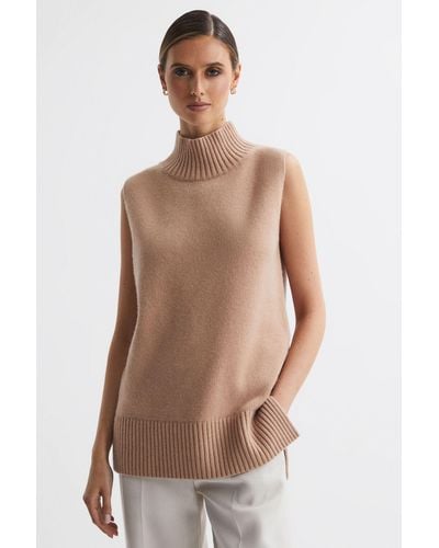 Reiss Gazelle - Camel Casual Wool-cashmere Funnel Neck Sleeveless Top, M - Natural