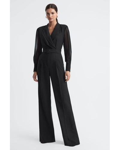 Reiss Flora - Black Petite Sheer Belted Double Breasted Jumpsuit - Blue