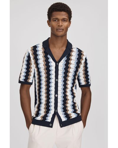 Reiss Waves - Blue Multi Knitted Cuban Collar Shirt - Black