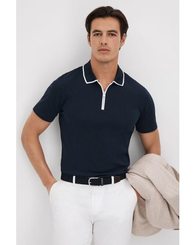 Reiss Cannes - Navy Slim Fit Cotton Quarter Zip Shirt - Blue