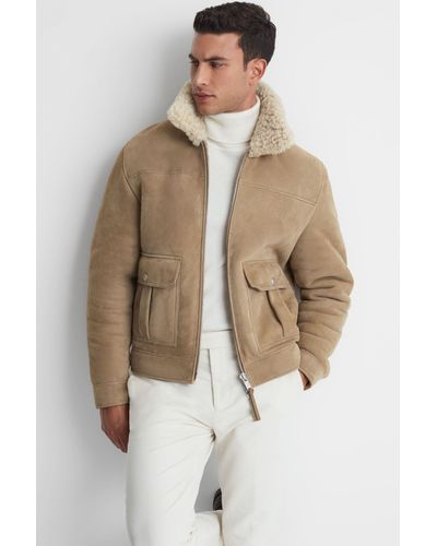 Reiss Roseberry - Stone Suede Sheepskin Zip-through Jacket - Natural