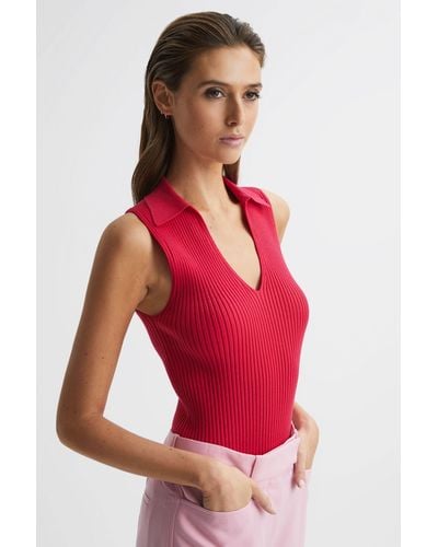 Reiss Izzie - Pink V-neck Collared Sleeveless Top, Uk X-small