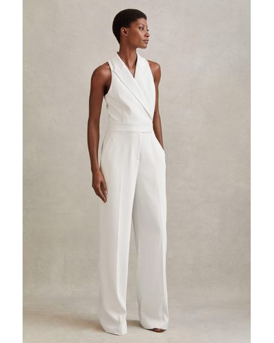 Reiss Lainey - White Double Breasted Satin Tux Jumpsuit - Brown