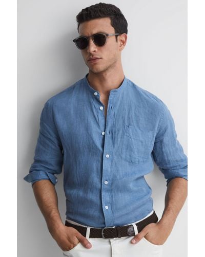 Reiss Ocean - Airforce Blue Linen Grandad Collar Shirt