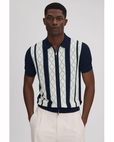 Reiss Selwood - Navy/white Colourblock Zip-through T-shirt - Blue