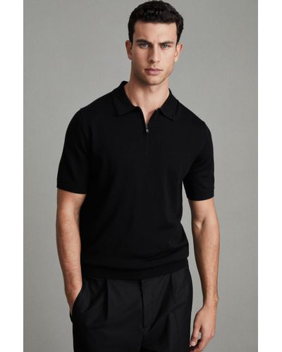Reiss Maxwell - Black Merino Wool Half-zip Polo Shirt, Uk 3x-large