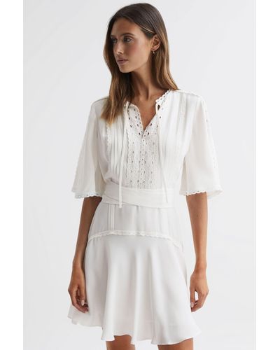 Reiss Felicity - Ivory High Neck Lace Mini Dress - White
