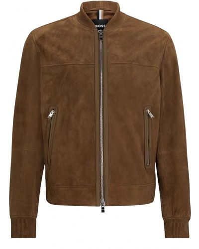 BOSS Malbano Suede Bomber Jacket Open - Brown