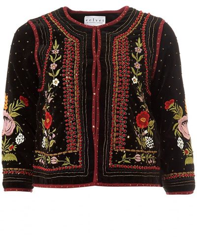 Velvet By Graham & Spencer Adara Embellished Floral-embroidered Velvet Jacket - Black