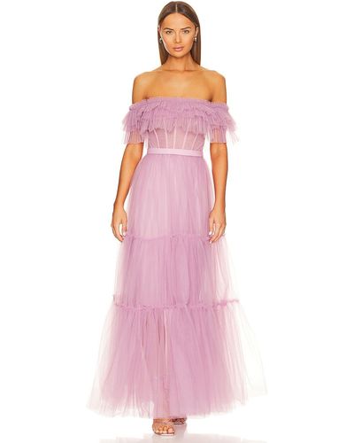 BCBGMAXAZRIA Off Shoulder Tiered Gown - ピンク