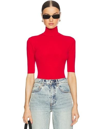Norma Kamali Slim Fit Short Sleeve Turtleneck Top - Red