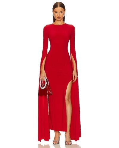 Norma Kamali Open Back Ribbon Sleeve Wide Slit Gown - Red