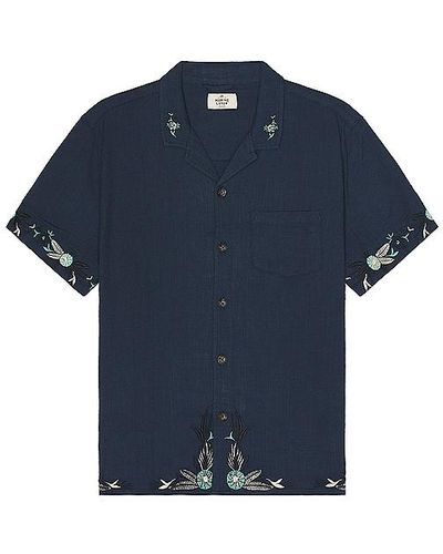Marine Layer Resort Short Sleeve Border Embroidery Resort Shirt - Blue