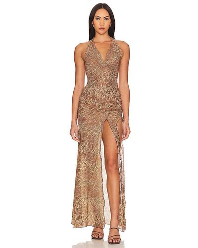 Indah Jlo Printed Cowl Neck Side Split Halter Gown - Multicolour