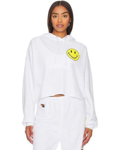 Aviator Nation Smiley 2 Relaxed Cropped Hoodie - White
