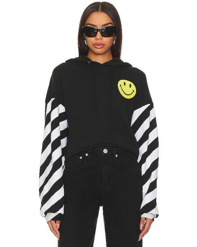 Aviator Nation Caution Stripe Sleeve Smiley Relaxed Hoodie - Black