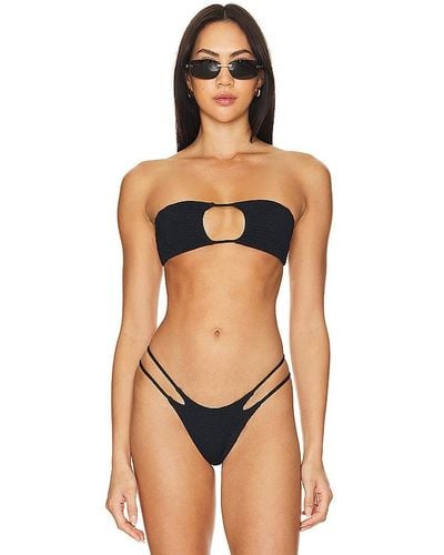 Indah Janice Solid Smocked Bandeau Bikini Top - Black