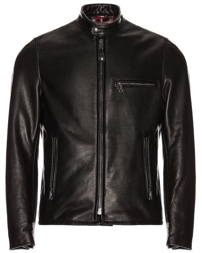 Schott Nyc Waxed Natural Pebbled Cowhide Cafe Leather Jacket - ブラック