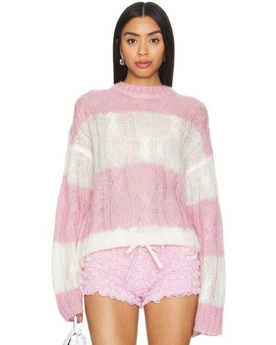Ganni Mohair Striped Cable Sweater - Pink