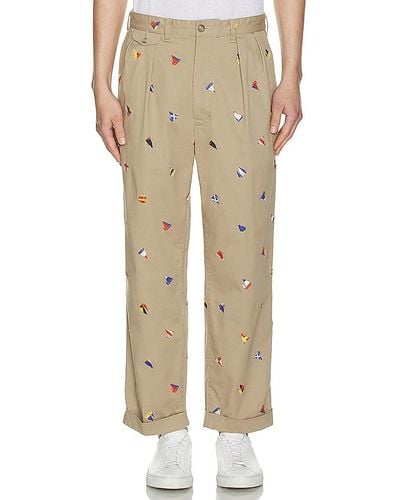 Beams Plus 2 Pleats Trousers Embroidery On Print - Natural
