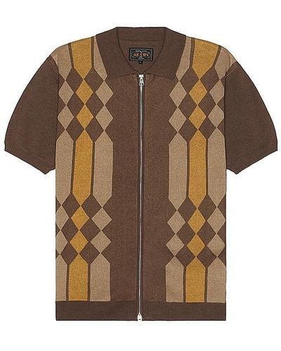 Beams Plus Zip Knit Polo Stripe - Brown