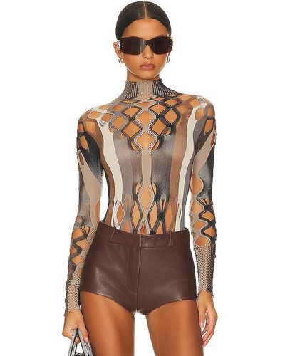 Poster Girl Amphitrite Bodysuit Shapewear Fishnet Polo Neck Bodysuit - Brown