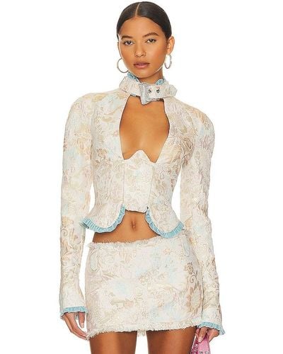 Poster Girl Bermuda Top Brocade Flare Sleeve Curved Wire Top - White