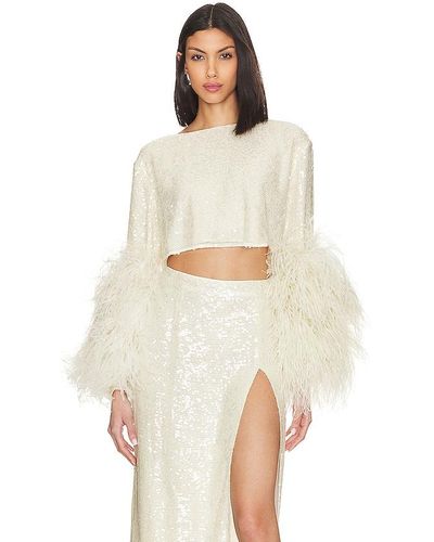 LAPOINTE Sequin viscose cropped boat neck top w ostrich - Blanco