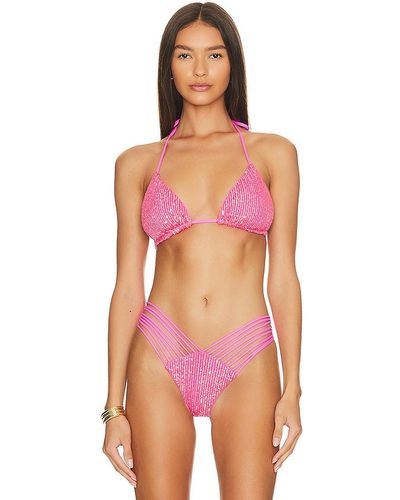Luli Fama Chasing Stars Sequins Triangle Bikini Top - Pink