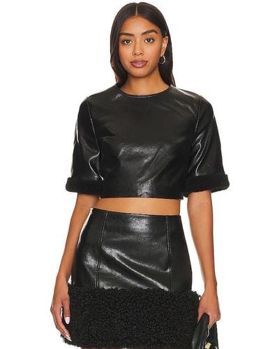MILLY Rainey Crinkled Faux Leather Top - Black