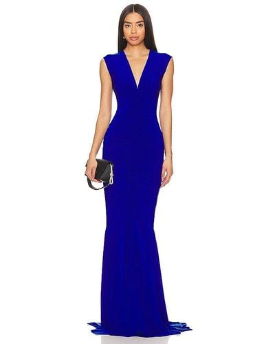 Norma Kamali Sleeveless Deep V Neck Shirred Front Fishtail Gown - Blue