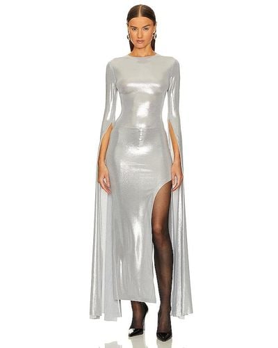 Norma Kamali Open Back Ribbon Sleeve Wide Slit Gown - White