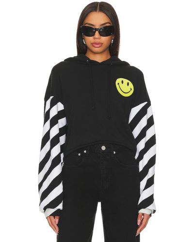 Aviator Nation Caution Stripe Sleeve Smiley Relaxed Hoodie - ブラック