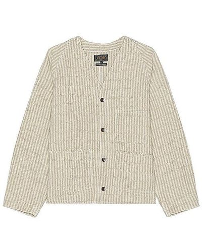 Beams Plus Engineer Jacket Linen Hickory Stripe - Natural