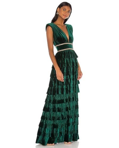 Bronx and Banco Deep V-neck Sleeveless Tiered Velvet Gown W/ Waist Trim - Green