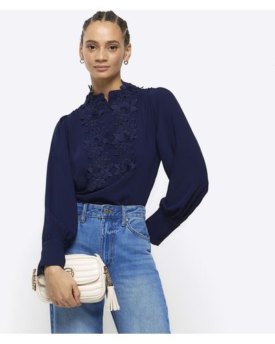 River Island Navy Floral Long Sleeve Blouse - Blue