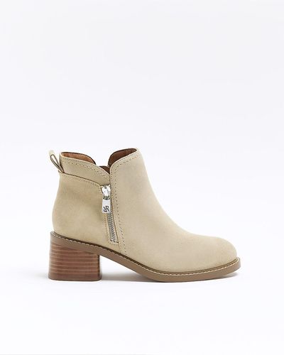 River Island Stone Suede Heeled Ankle Boots - White