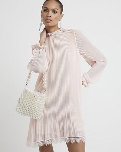 River Island Pink Plisse Lace Hem Shift Mini Dress - Natural