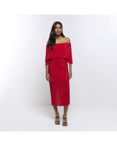 River Island Bardot Drape Plisse Midi Dress - Red